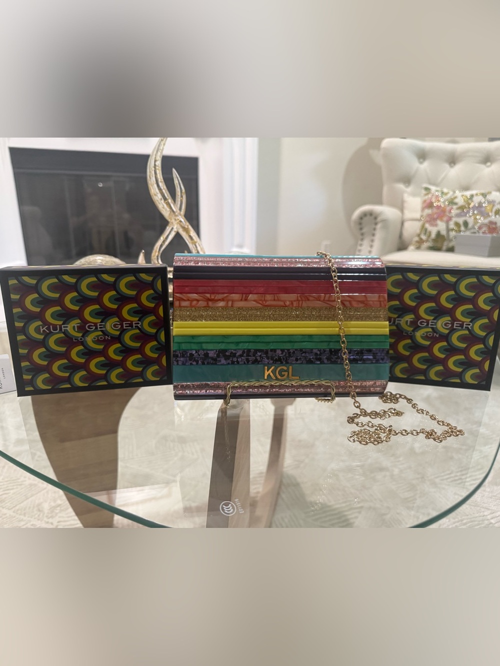 Kurt Geiger Multicolor Striped Acrylic Crossbody Bag with Gold Chain - Picture 2 of 4
